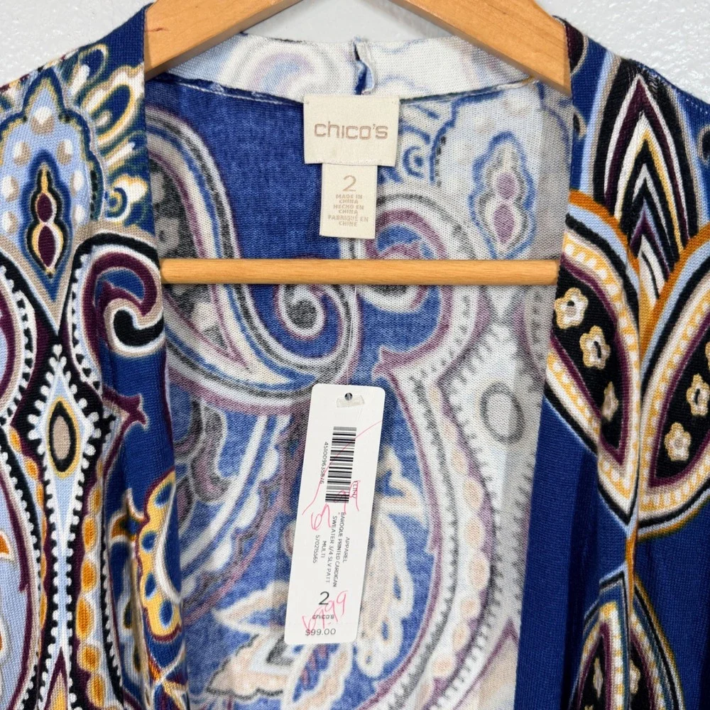 Chico's Cardigan Women's 2 Large Blue 3/4 Sleeve Lightweight Paisley Open Front